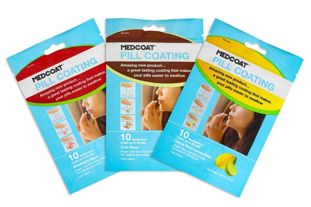 MedCoat ízesített tablettabevonó eper-, kóla- és citrusízű csomagolásai